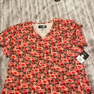 koi Coral Pink Floral flamingo nwt V-Neck Scrub Top Kendra Dandy